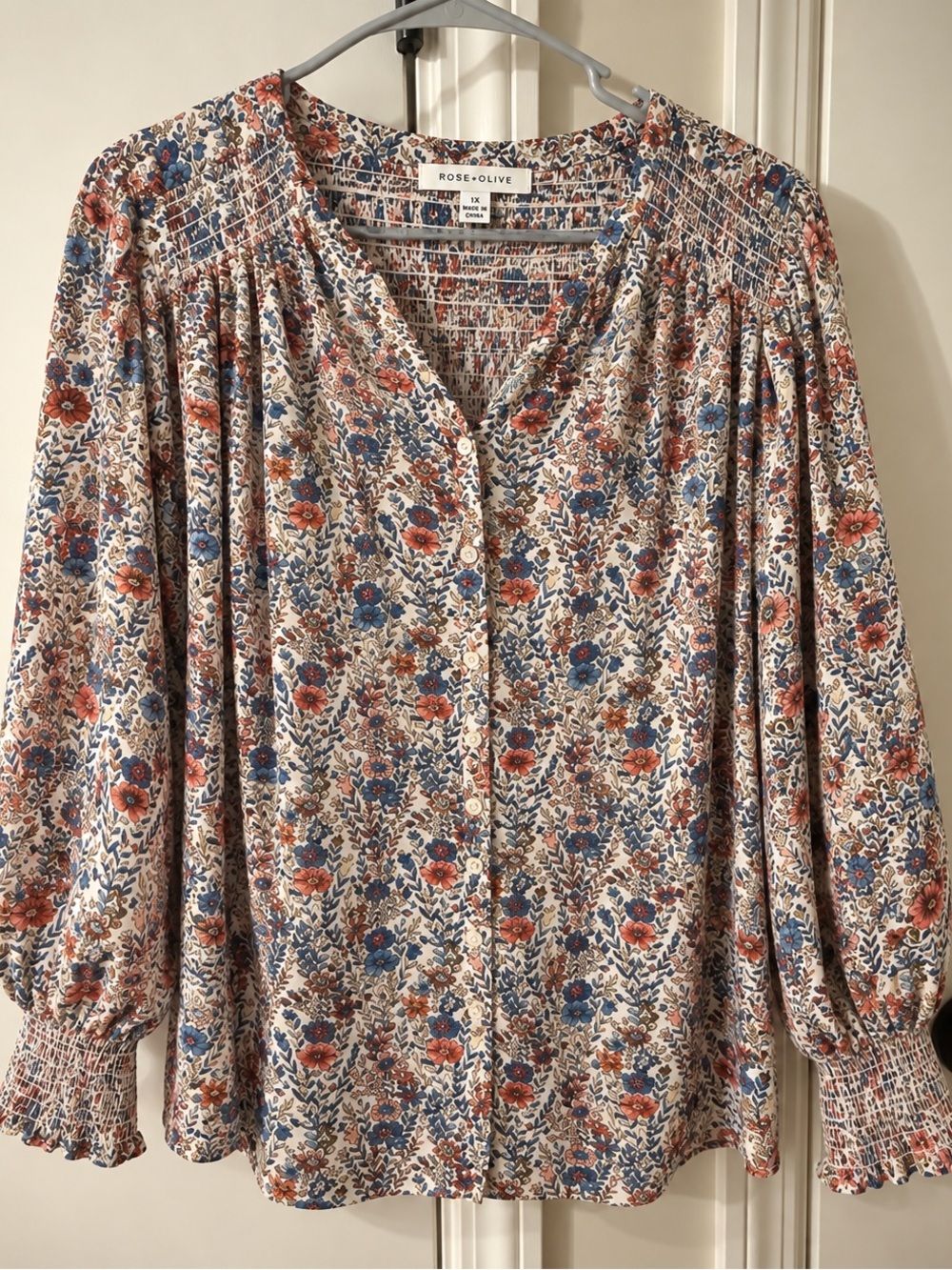 Rose & Olive Cream Blouse with Rust and Blue Floral Print